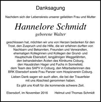 Traueranzeige von Hannelore Schmidt von Neue Presse Coburg