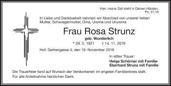 Traueranzeige von Rosa Strunz von Frankenpost