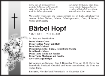 Traueranzeige von Bärbel Hopf von Südthüringer Presse
