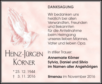 Traueranzeige von Hans-Jürgen Kurt Körner von Südthüringer Presse