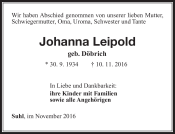 Traueranzeige von Johanna Leipold von Südthüringer Presse