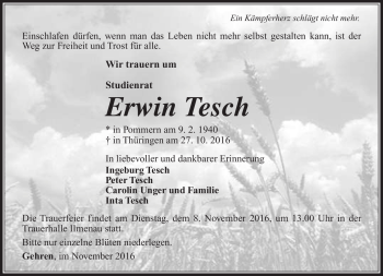 Traueranzeige von Erwin Tesch von Südthüringer Presse