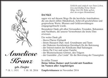 Traueranzeige von Anneliese Kranz von Südthüringer Presse