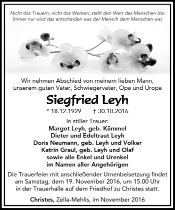 Traueranzeige von Siegfried Leyh von Südthüringer Presse