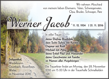 Traueranzeige von Werner Jacob von Südthüringer Presse