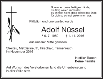 Traueranzeige von Adolf Nüssel von Frankenpost
