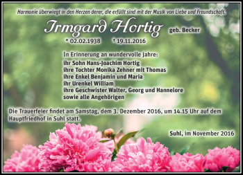 Traueranzeige von Irmgard Hortig von Südthüringer Presse