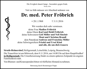Traueranzeige von Peter Fröbrich von Südthüringer Presse