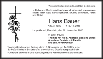 Traueranzeige von Hans Bauer von Frankenpost