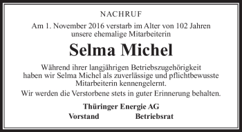 Traueranzeige von Selma Michel von Südthüringer Presse