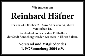 Traueranzeige von Reinhard Häfner von Südthüringer Presse