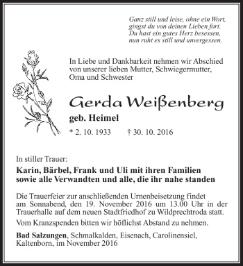 Traueranzeige von Gerda Weißenberg von Südthüringer Presse