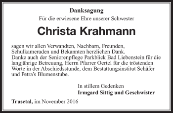 Traueranzeige von Christa Krahmann von Südthüringer Presse