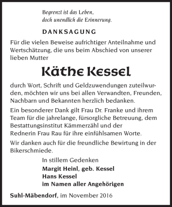 Traueranzeige von Käthe Kessel von Südthüringer Presse