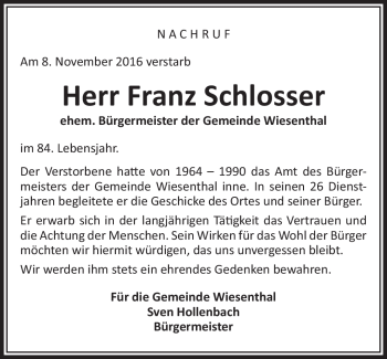 Traueranzeige von Franz Schlosser von Südthüringer Presse