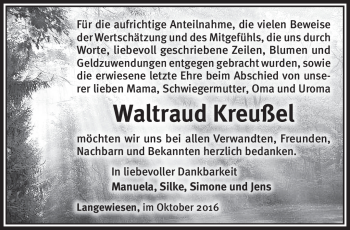 Traueranzeige von Waltraud Kreußel von Südthüringer Presse