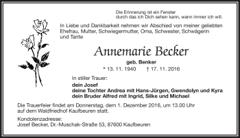 Traueranzeige von Annemarie Becker von Frankenpost