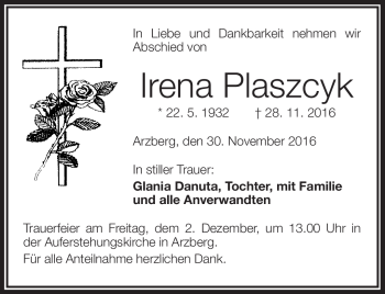 Traueranzeige von Irena Plaszcyk von Frankenpost