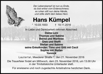 Traueranzeige von Hans Kümpel von Neue Presse Coburg