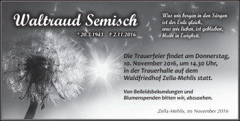 Traueranzeige von Waltraud Semisch von Südthüringer Presse
