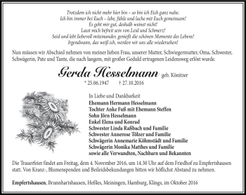 Traueranzeige von Gerda Hesselmann von Südthüringer Presse