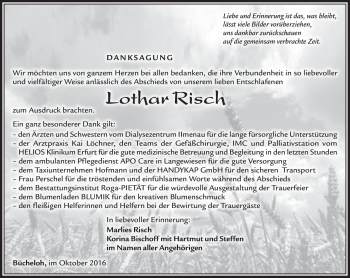 Traueranzeige von Lothar Risch von Südthüringer Presse