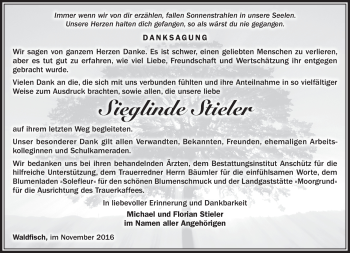 Traueranzeige von Sieglinde Stieler von Südthüringer Presse