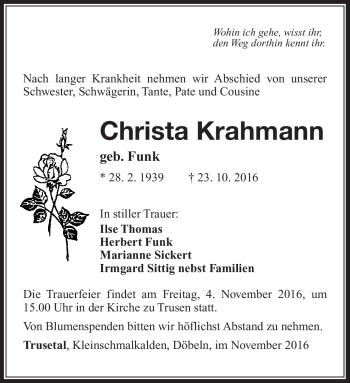 Traueranzeige von Christa Krahmann von Südthüringer Presse