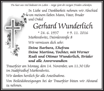 Traueranzeige von Gerhard Wunderlich von Frankenpost