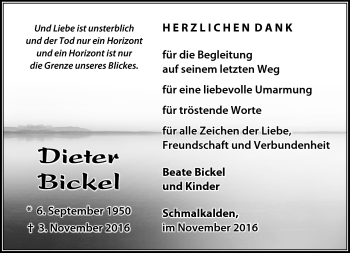 Traueranzeige von Dieter Bickel von Südthüringer Presse