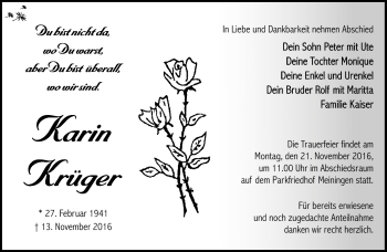 Traueranzeige von Karin Krüger von Südthüringer Presse