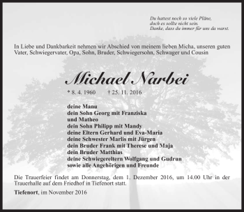 Traueranzeige von Michael Narbei von Südthüringer Presse