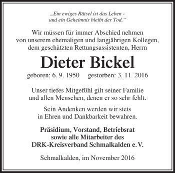 Traueranzeige von Dieter Bickel von Südthüringer Presse