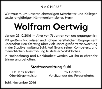 Traueranzeige von Wolfram Oertwig von Südthüringer Presse
