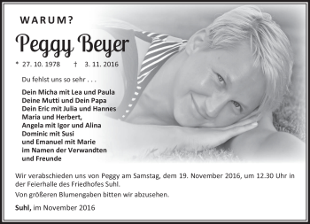 Traueranzeige von Peggy Beyer von Südthüringer Presse