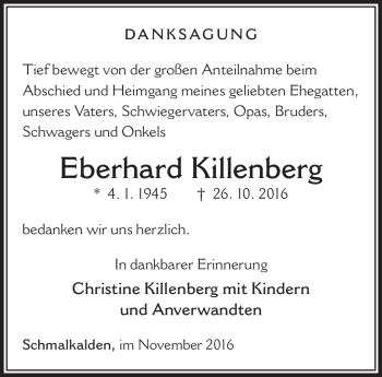 Traueranzeige von Eberhard Killenberg von Südthüringer Presse