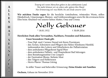 Traueranzeige von Nelly Gebauer von Südthüringer Presse
