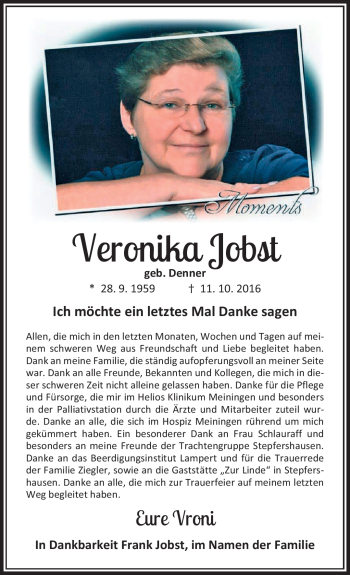 Traueranzeige von Veronika Jobst von Südthüringer Presse
