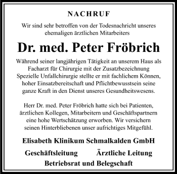 Traueranzeige von Peter Fröbrich von Südthüringer Presse
