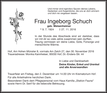 Traueranzeige von Ingeborg Schuch von Frankenpost