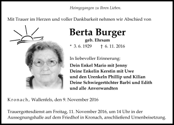 Traueranzeige von Berta Burger von Neue Presse Coburg