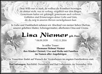 Traueranzeige von Lisa Niemer von Südthüringer Presse