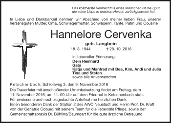 Traueranzeige von Hannelore Cervenka von Neue Presse Coburg