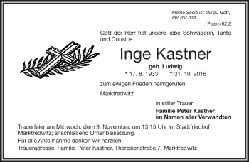 Traueranzeige von Inge Kastner von Frankenpost