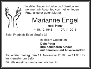 Traueranzeige von Marianne Engel von Frankenpost