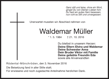 Traueranzeige von Waldemar Müller von Neue Presse Coburg