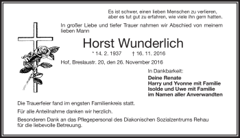 Traueranzeige von Horst Wunderlich von Frankenpost