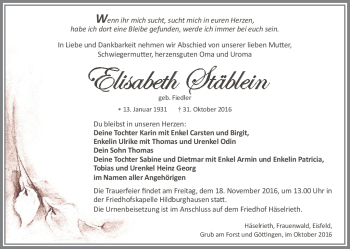 Traueranzeige von Elisabeth Stäblein von Südthüringer Presse