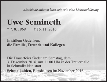 Traueranzeige von Uwe Semineth von Südthüringer Presse