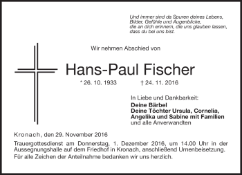 Traueranzeige von Hans-Paul Fischer von Neue Presse Coburg